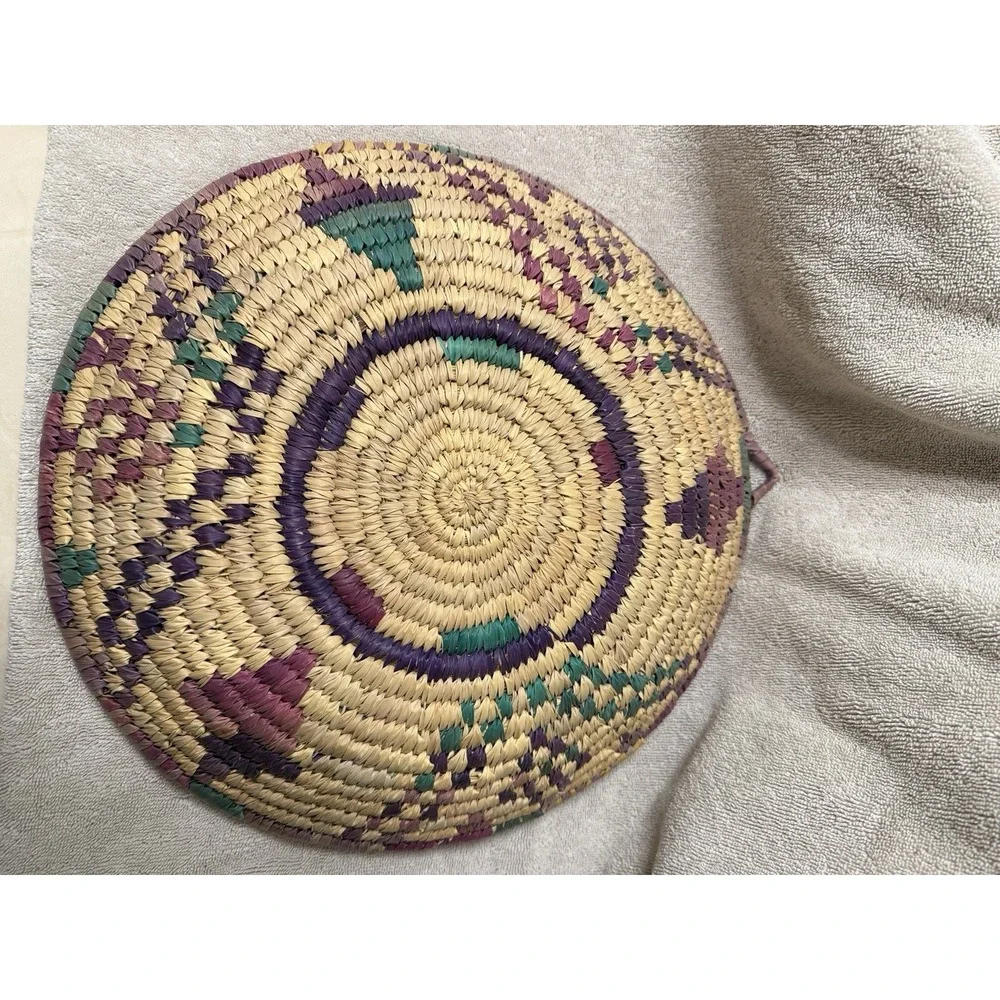 Handmade Grass Woven Platter Natural‎ Purple Green 12.5